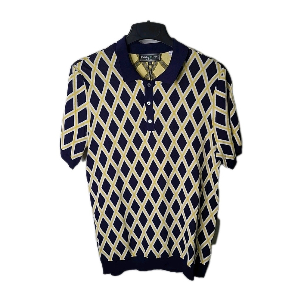Paisley & Gray Men's Polo Shirt Knit Size L Slim Fit Blue/Yellow Preppy Golf